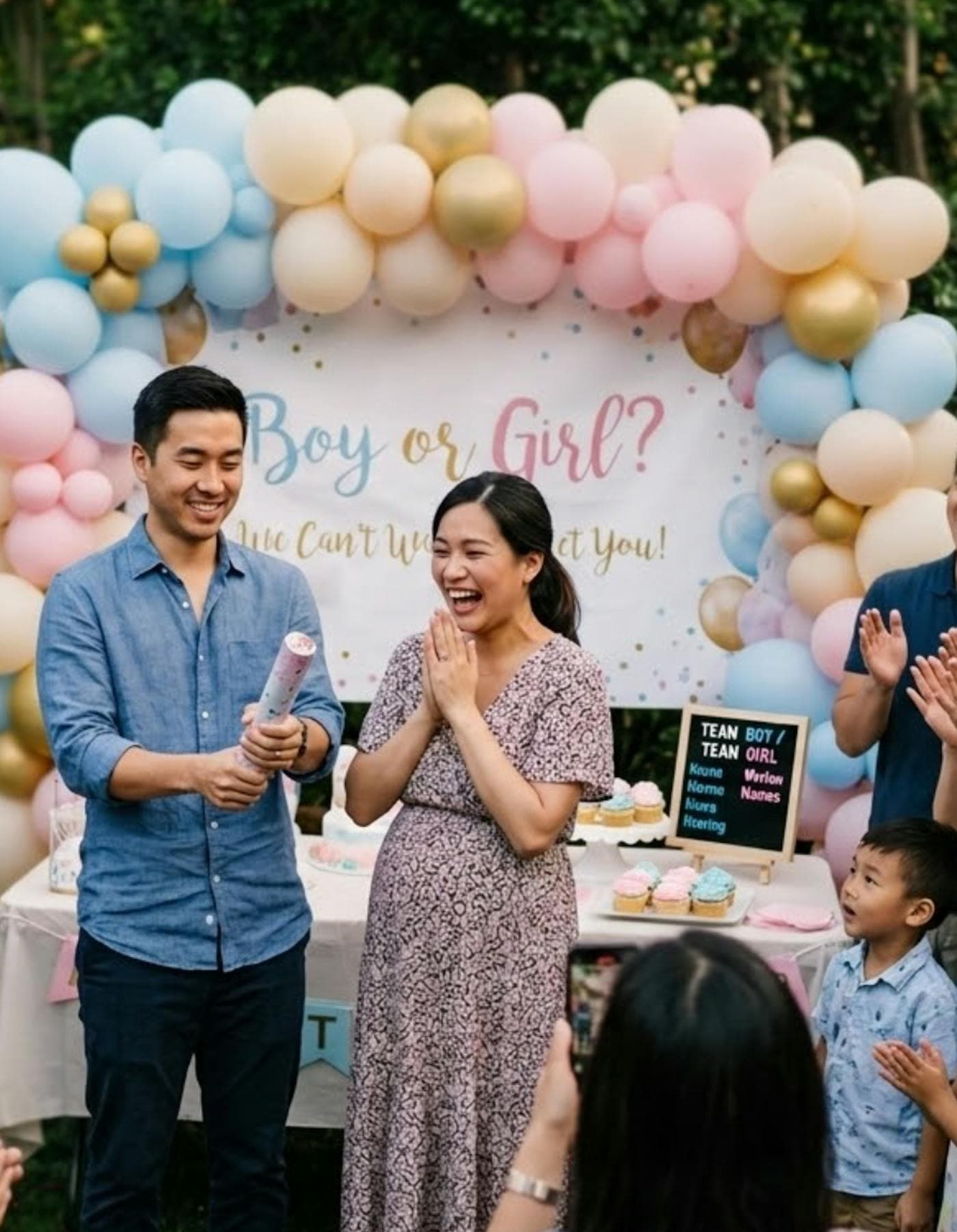 Expectant parents setting off a Boy or Girl confetti cannon under a balloon arch