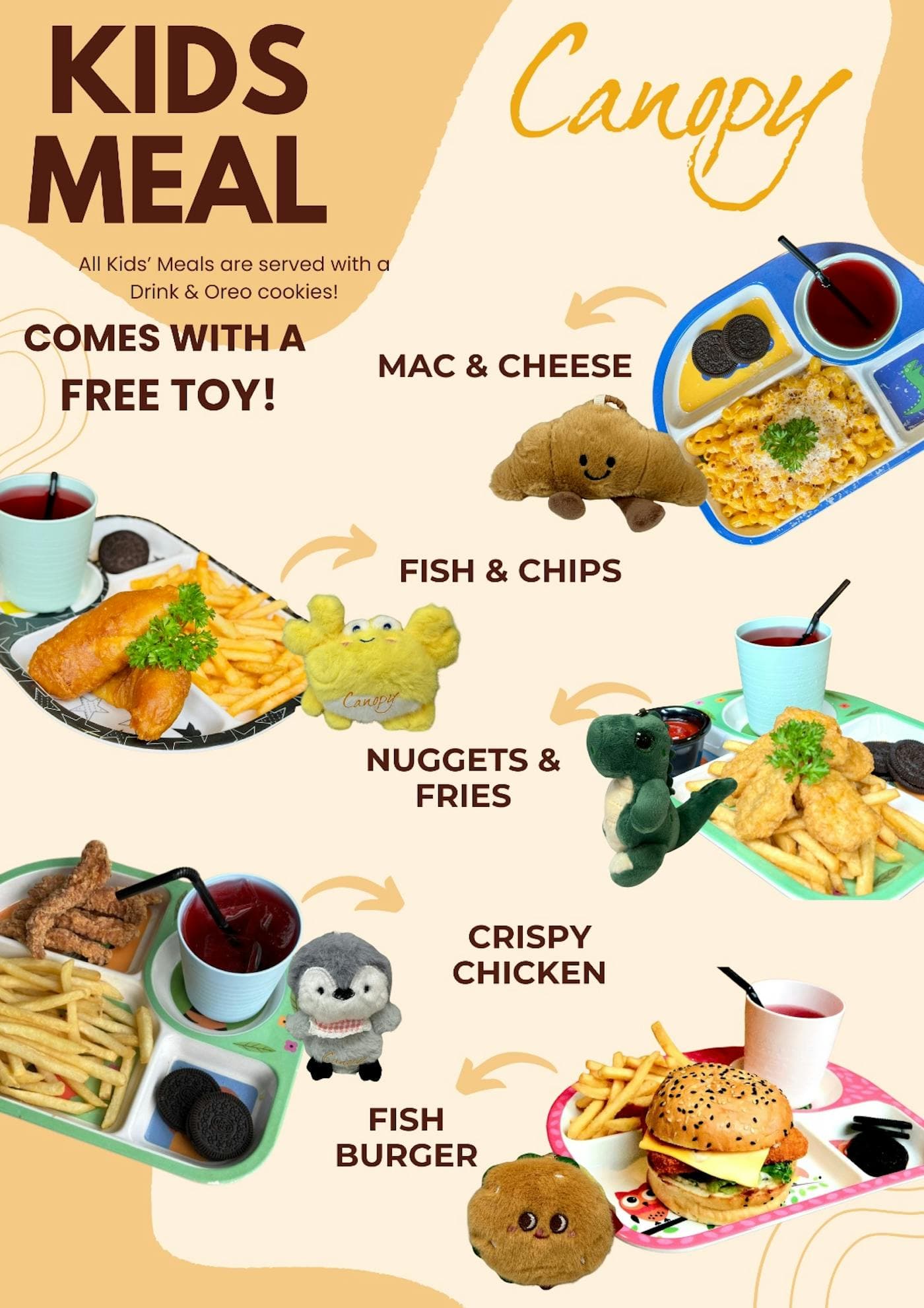 The Kids Meal menu: five children's sets, each served with a drink, a cookie and a free toy