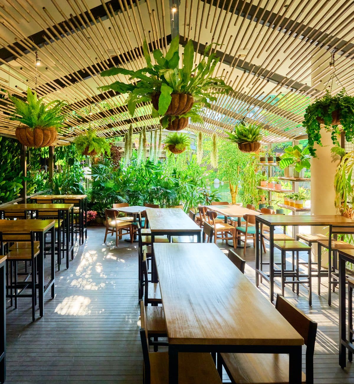 The alfresco area at Canopy Changi City Point under a slatted pergola hung with plants