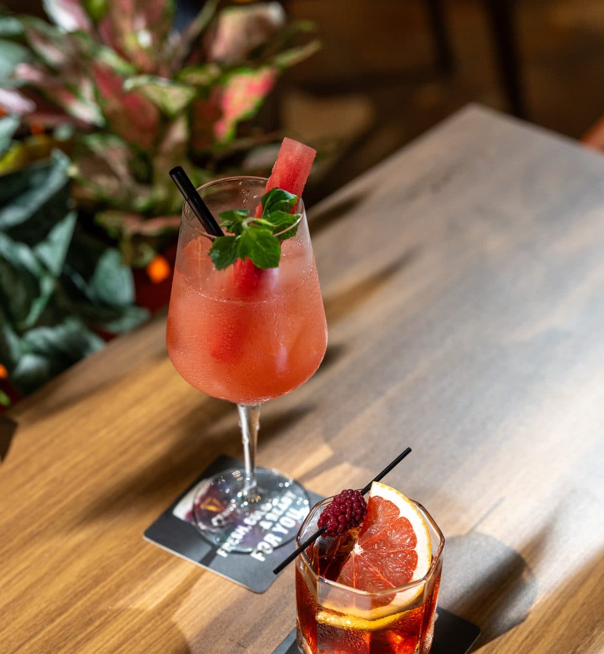 Two cocktails on a timber table at Canopy Esplanade
