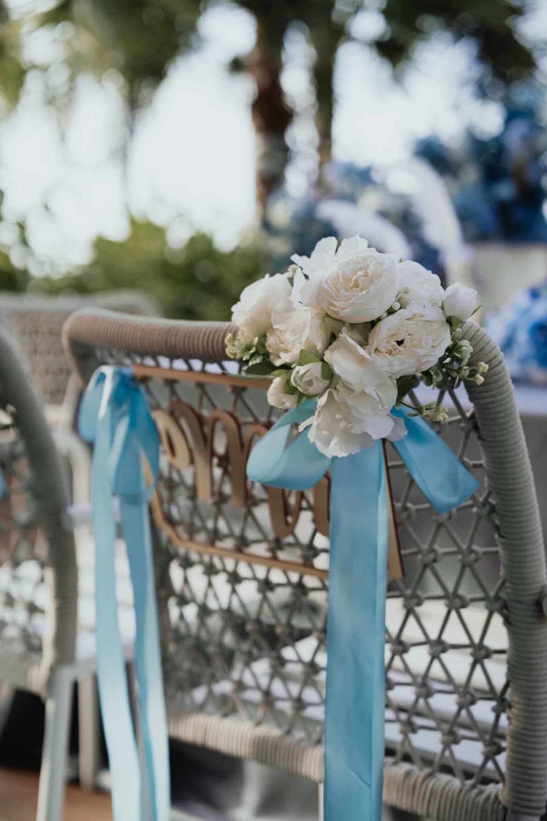 Florals and ribbon detail at a Changi Village ceremony