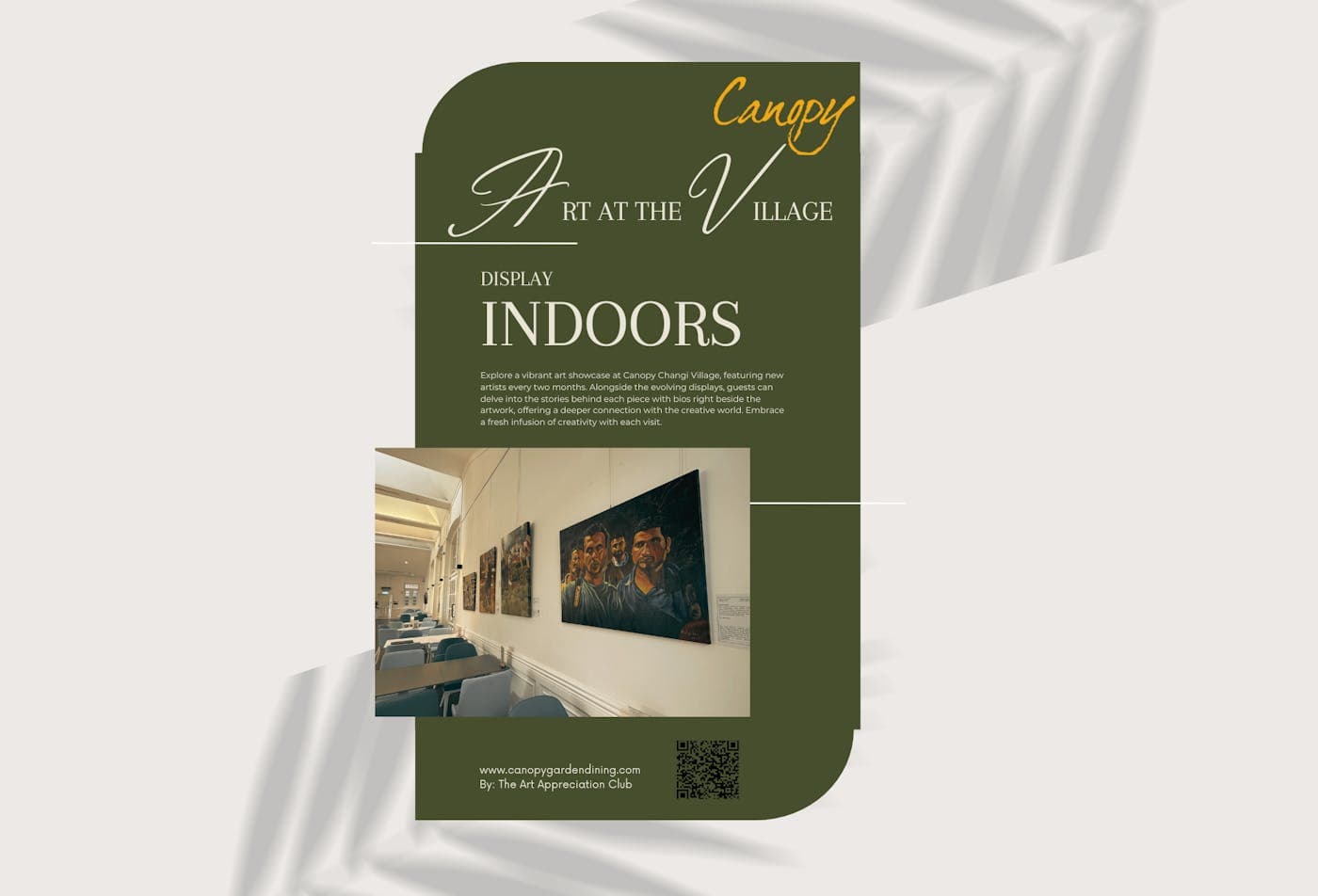 A poster for Art at the Village, an indoor art display at Canopy Changi Village